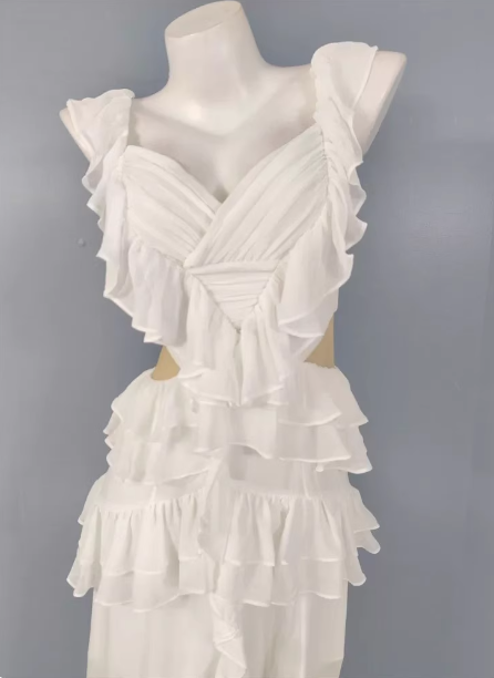 Elegant White V-Neck Ruffled Chiffon Long Prom Dresses Evening Dresses