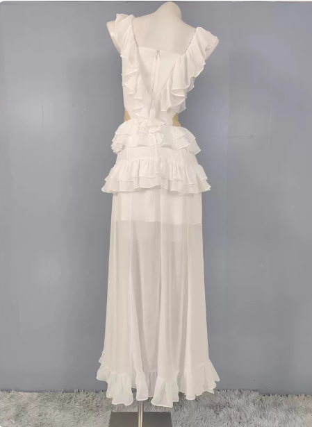 Elegant White V-Neck Ruffled Chiffon Long Prom Dresses Evening Dresses