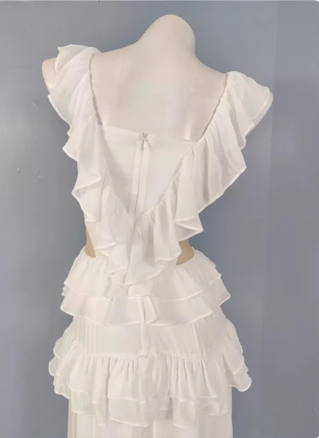 Elegant White V-Neck Ruffled Chiffon Long Prom Dresses Evening Dresses