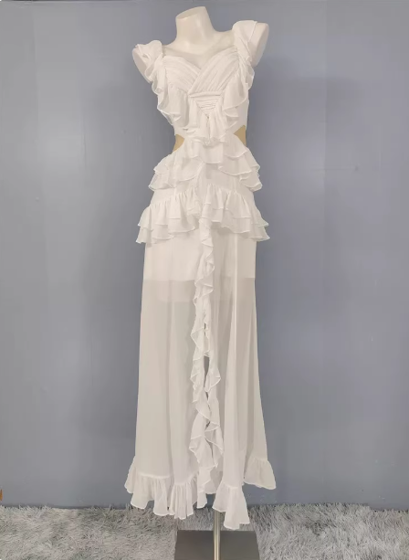 Elegant White V-Neck Ruffled Chiffon Long Prom Dresses Evening Dresses Main image