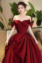 Elegant Burgundy A-Line Off-The-Shoulder Bow-Embellished Satin Long Prom Dresses Evening Dresses