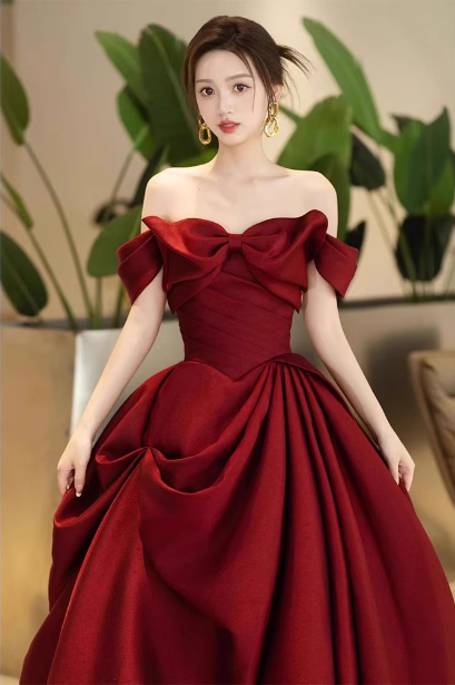 Elegant Burgundy A-Line Off-The-Shoulder Bow-Embellished Satin Long Prom Dresses Evening Dresses