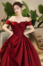 Elegant Burgundy A-Line Off-The-Shoulder Bow-Embellished Satin Long Prom Dresses Evening Dresses