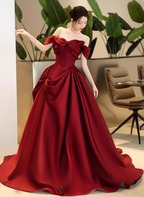 Elegant Burgundy A-Line Off-The-Shoulder Bow-Embellished Satin Long Prom Dresses Evening Dresses