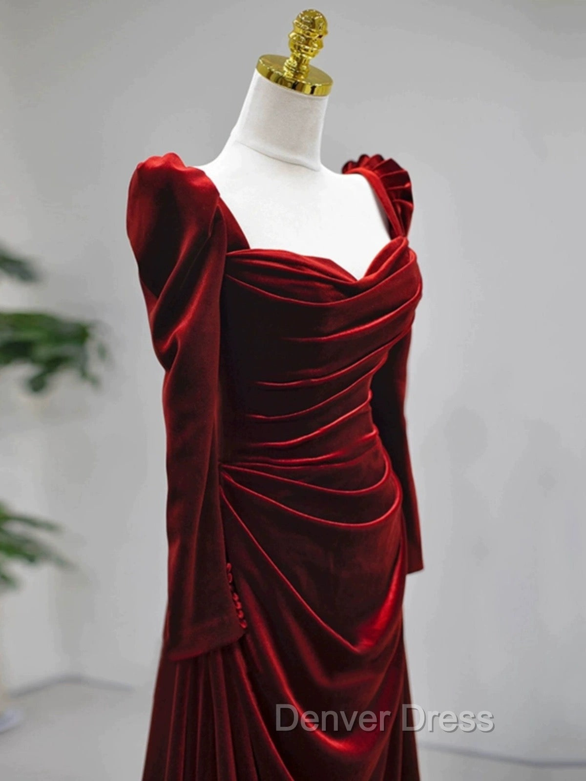Elegant Wine Red Velvet Long Sleeves Prom Dress, Prom Wedding Prom Dresses