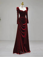 Elegant Wine Red Velvet Long Sleeves Prom Dress, Prom Wedding Prom Dresses