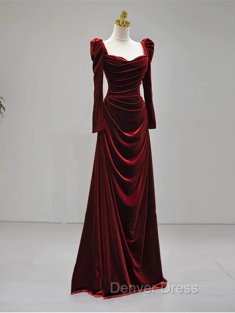 Elegant Wine Red Velvet Long Sleeves Prom Dress, Prom Wedding Prom Dresses