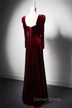Elegant Wine Red Velvet Long Sleeves Prom Dress, Prom Wedding Prom Dresses