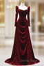 Elegant Wine Red Velvet Long Sleeves Formal Dresses, Formal Wedding Party Dresses