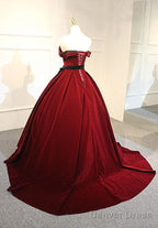 Elegant Wine Red Velvet Sweet 16 Gowns With Belt, Off Shoulder Prom Gowns
