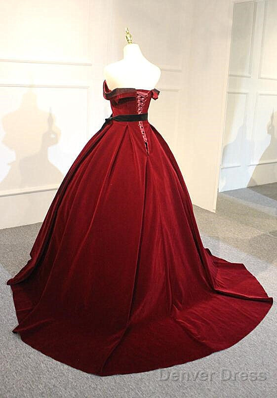 Elegant Wine Red Velvet Sweet 16 Gowns With Belt, Off Shoulder Prom Gowns
