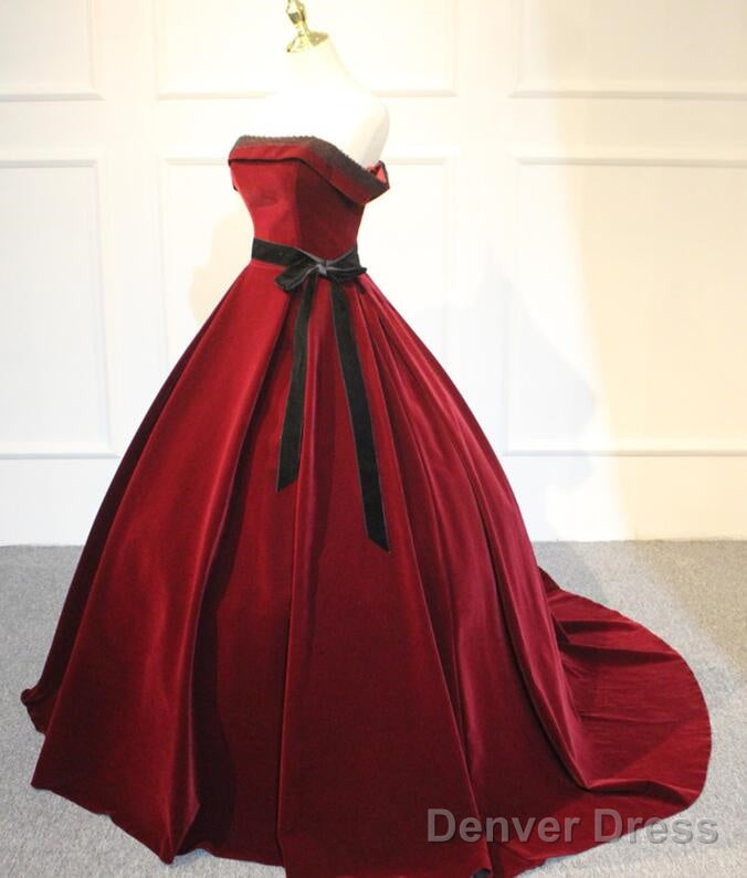 Elegant Wine Red Velvet Sweet 16 Gowns With Belt, Off Shoulder Prom Gowns
