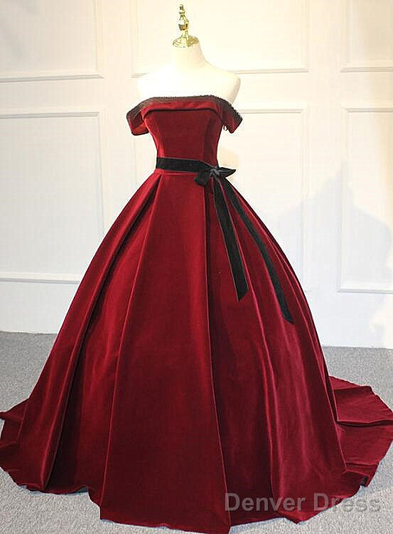 Elegant Wine Red Velvet Sweet 16 Gowns With Belt, Off Shoulder Prom Gowns Main image