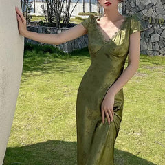 Elegante Frauen grünes Satin Rückenless Mixi Kleid Palast Kurzarm Spitze V-Ausschnitt Verband Vintage Bodycon Abendkleid