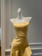 Elegant Yellow Irregular Halter Neck Satin Short Front Long Back Prom Dresses