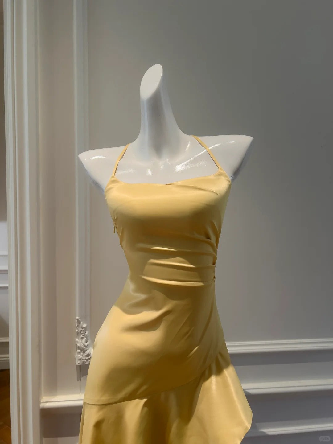 Elegant Yellow Irregular Halter Neck Satin Short Front Long Back Prom Dresses