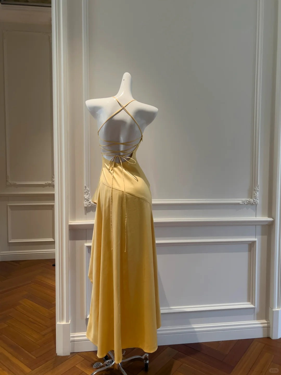 Elegant Yellow Irregular Halter Neck Satin Short Front Long Back Prom Dresses