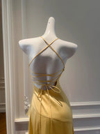 Elegant Yellow Irregular Halter Neck Satin Short Front Long Back Prom Dresses