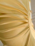 Elegant Yellow Irregular Halter Neck Satin Short Front Long Back Prom Dresses
