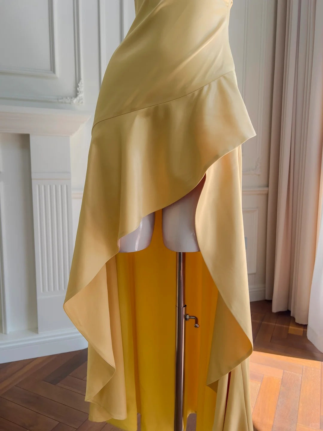 Elegant Yellow Irregular Halter Neck Satin Short Front Long Back Prom Dresses
