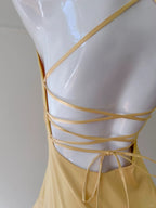 Elegant Yellow Irregular Halter Neck Satin Short Front Long Back Prom Dresses