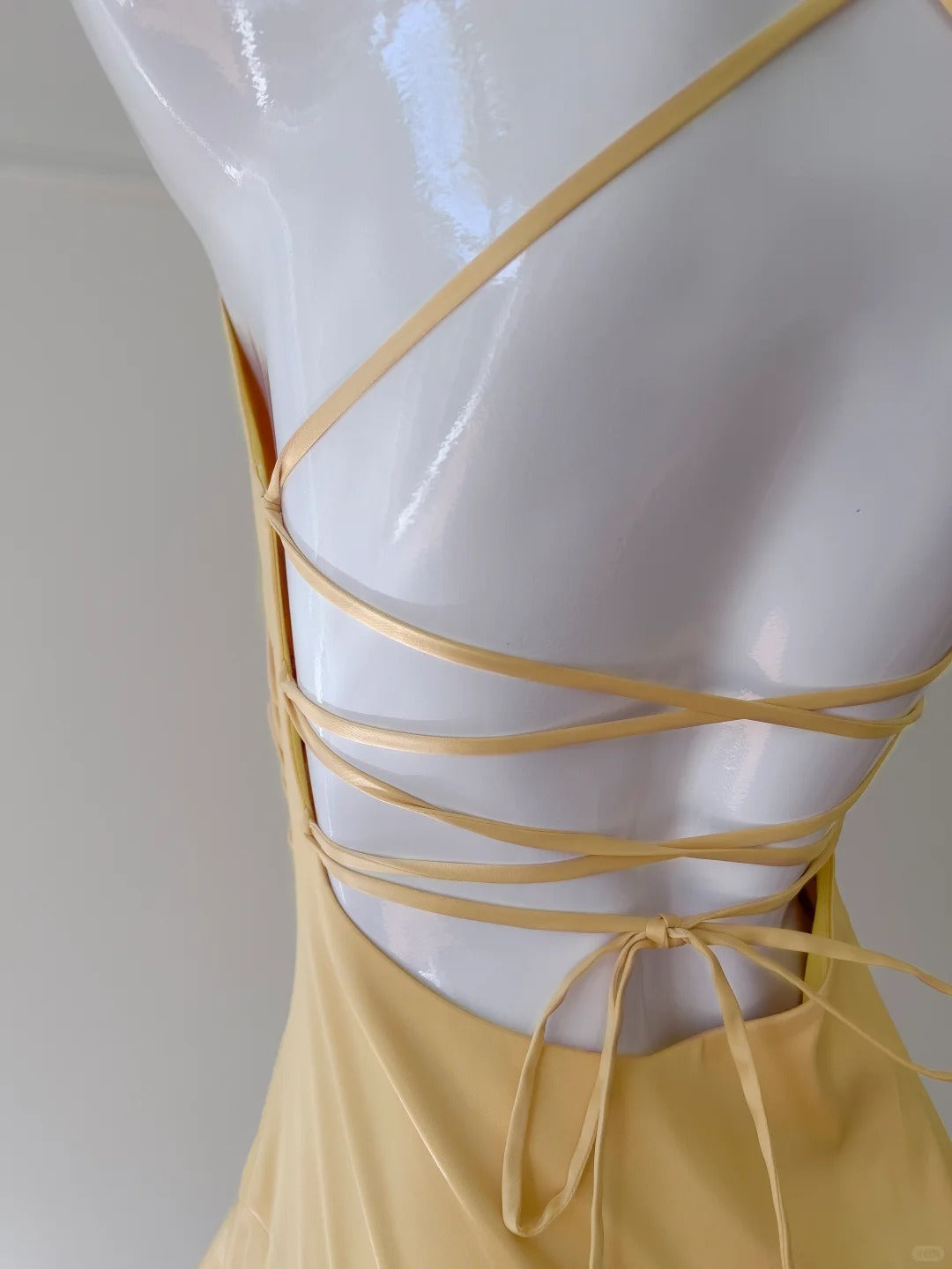 Elegant Yellow Irregular Halter Neck Satin Short Front Long Back Prom Dresses