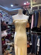 Elegant Yellow Mermaid Strapless Three-Dimensional Floral Satin Long Prom Dresses Evening Dresses Bridesmaid Dresses