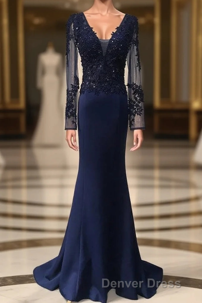 V-Neck Lace Top Mermaid Long Prom Dresses