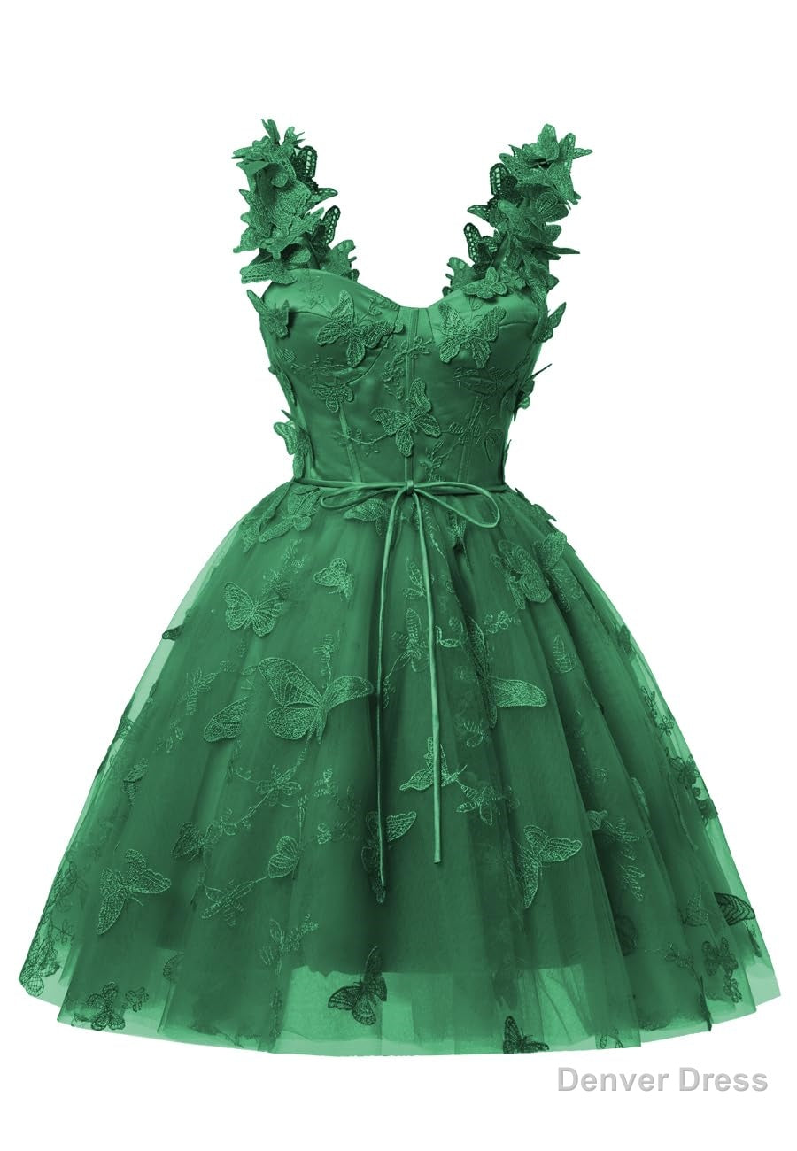 Emerald Green 3D Butterfly Lace Applique Tulle Homecoming Dress for Teens Sweetheart Mini Short Prom Dresses Secondary image