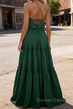 Emerald Green A-line V Neck Sleeveless Floor-Length Chiffon Prom Dress Long Prom Dresses Backless with Pleated Ruffles
