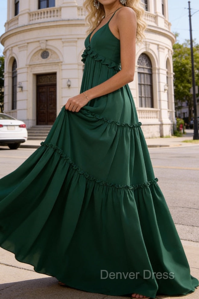 Emerald Green A-line V Neck Sleeveless Floor-Length Chiffon Prom Dress Long Prom Dresses Backless with Pleated Ruffles