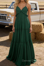 Emerald Green A-line V Neck Sleeveless Floor-Length Chiffon Prom Dress Long Prom Dresses Backless with Pleated Ruffles