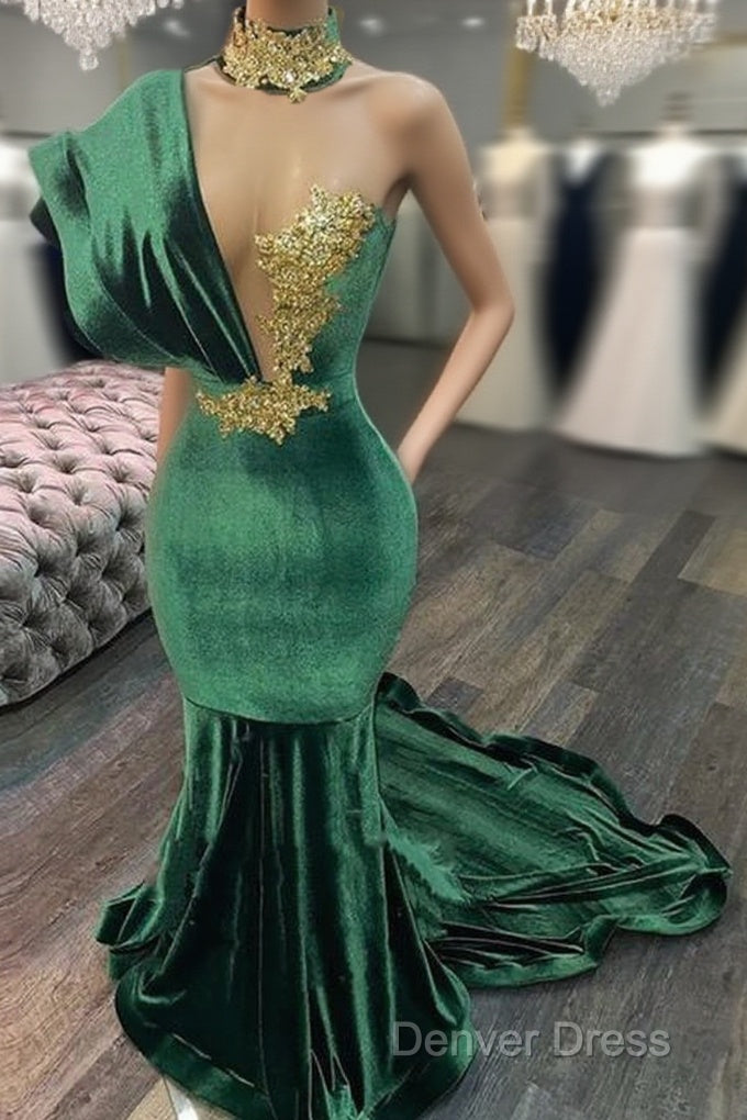Emerald Green Evening Dresses High Neck Appliques Gold Lace Mermaid Prom Dresses Sexy Formal Velvet Party Gowns Main image