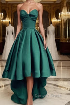 Emerald Green High Low Satin Prom Dress, Emerald Green High Low Prom Graduation Dresses