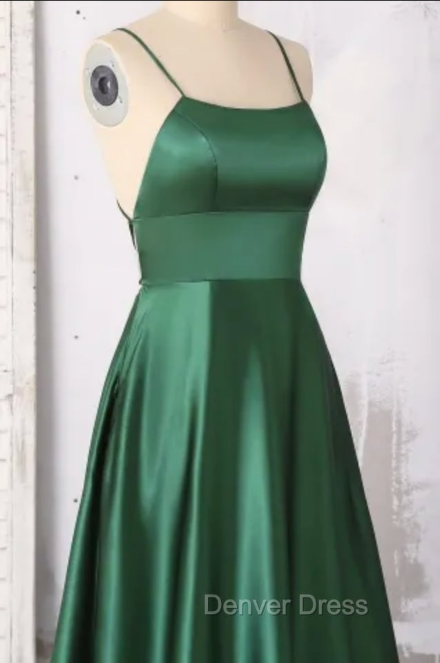 Emerald Green Prom Dress, Strappy Back Slit Simple Satin Prom Dresses Secondary image