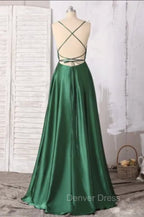 Emerald Green Prom Dresses, Strappy Back Slit Simple Satin Prom Dresses
