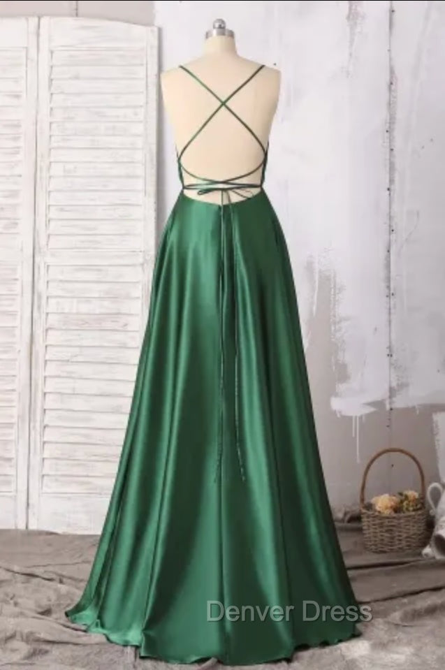 Emerald Green Prom Dresses, Strappy Back Slit Simple Satin Prom Dresses