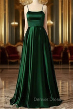 Emerald Green Prom Dresses, Strappy Back Slit Simple Satin Prom Dresses