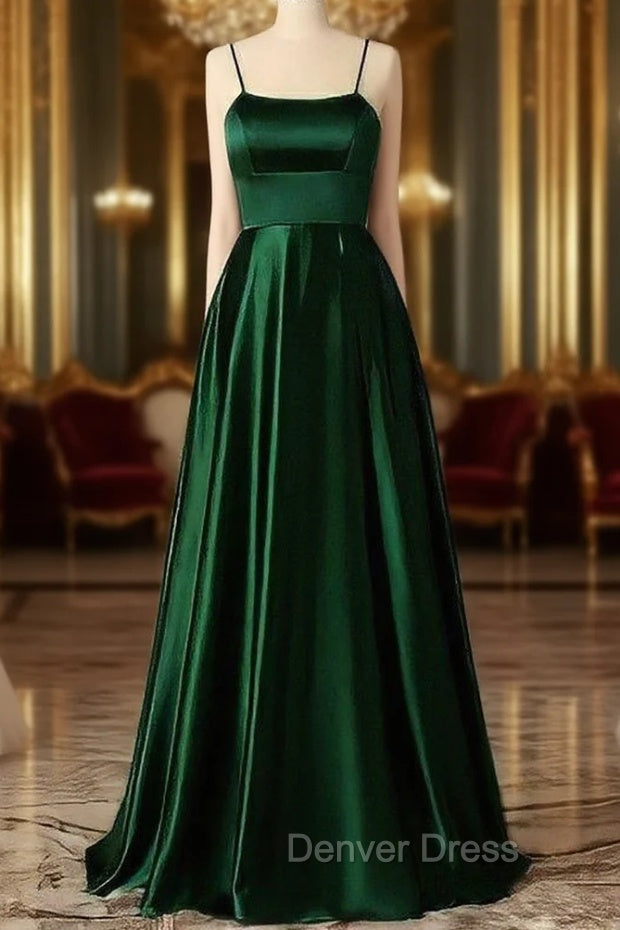 Emerald Green Prom Dresses, Strappy Back Slit Simple Satin Prom Dresses