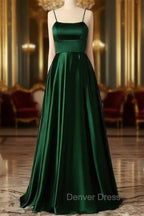 Emerald Green Prom Dress, Strappy Back Slit Simple Satin Prom Dresses