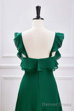 Emerald Green Ruffled Straps A Line Bridesmaid Dresses With Slit