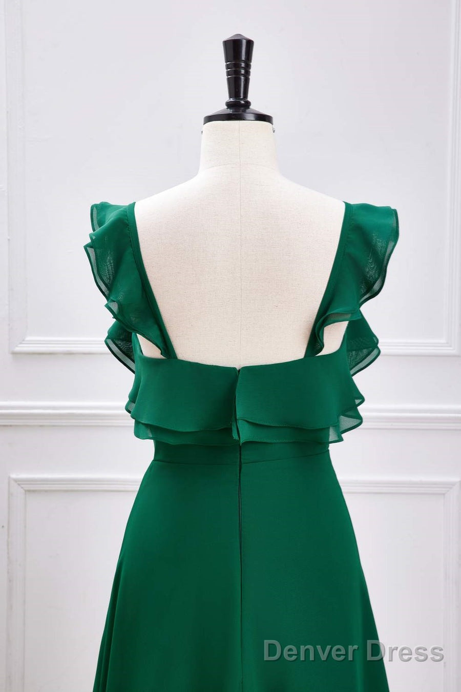 Emerald Green Ruffled Straps A Line Bridesmaid Dresses With Slit