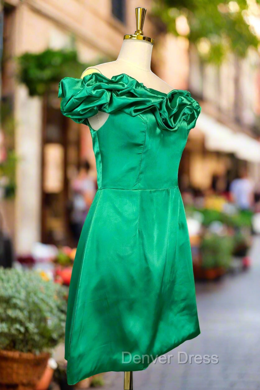 Emerald Green Sheath/Column Off-the-Shoulder Sleeveless Satin Short/Mini Homecoming Dresses With Ruffles