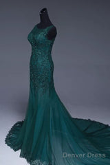 Emerald Green Tulle Mermaid Prom Dresses Lace Appliques Formal Dress
