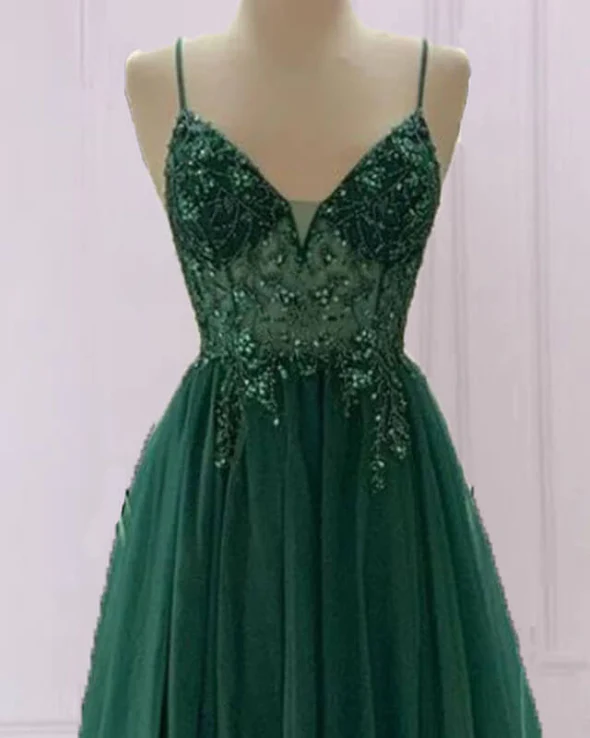 Emerald Green Beautiful V Neck Exquisite Beading Spaghetti Straps Long Tulle Handmade Custom Ball Gowns Prom Dress Secondary image