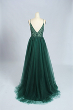 Emerald Green Beautiful V Neck Exquisite Beading Spaghetti Straps Long Tulle Handmade Custom Ball Gowns Prom Dress