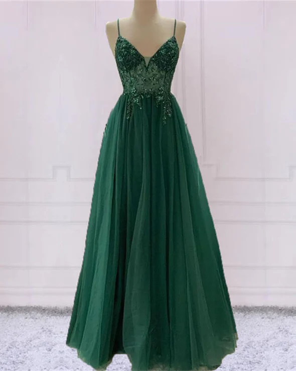 Emerald Green Beautiful V Neck Exquisite Beading Spaghetti Straps Long Tulle Handmade Custom Ball Gowns Prom Dress Main image