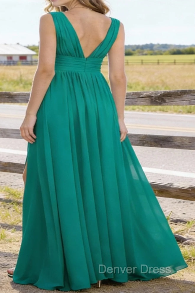 Emerald Green V Neck Chiffon Floor Length Bridesmaid Dress Long Bridesmaid Dresses With Pleated Split Secondary image