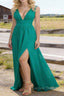 Emerald Green V Neck Chiffon Floor Length Bridesmaid Dress Long Bridesmaid Dresses With Pleated Split