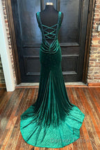 Emerald Velvet V Neck Cutout Back Mermaid Long Prom Dresses